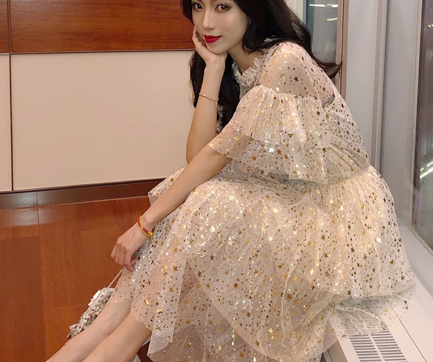 ワンピース レディース 長袖ワンピース 星柄ワンピース シフォン 透け感 フリル ハイウエスト ラウンドネックの通販はau Pay マーケット Happy Toon Wowma店