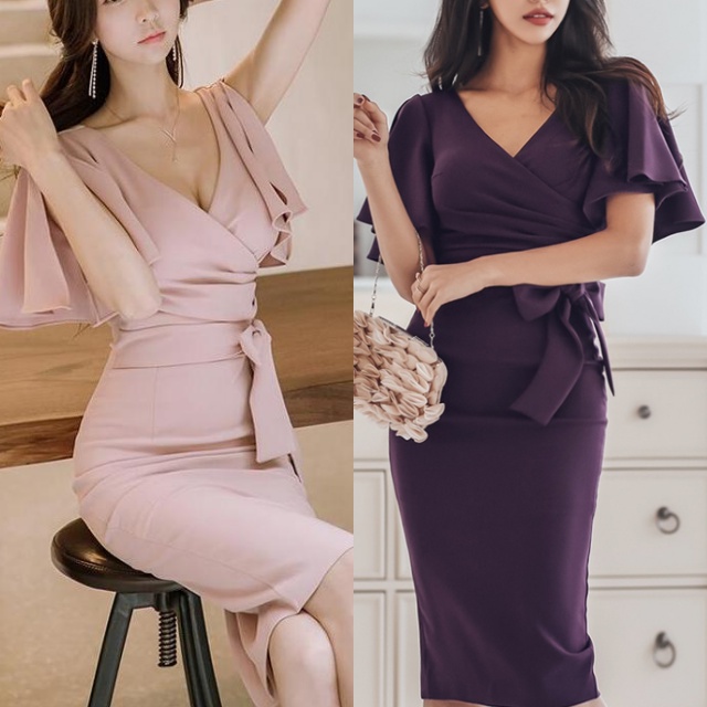 ワンピース レディース フレア袖ワンピース カシュクール 無地 ウエストリボン サイドリボン タイトデザイン スリットの通販はau Pay マーケット Happy Toon Wowma店