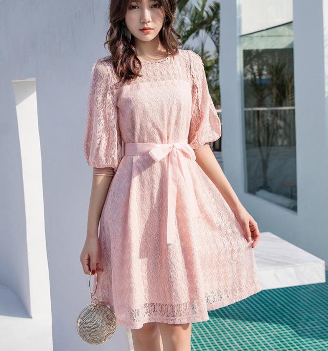 ワンピース レディース 7分袖ワンピース レースワンピース フェミニン ウエストリボン ガーリー シースルー 大きサイズの通販はau Pay マーケット Happy Toon Wowma店