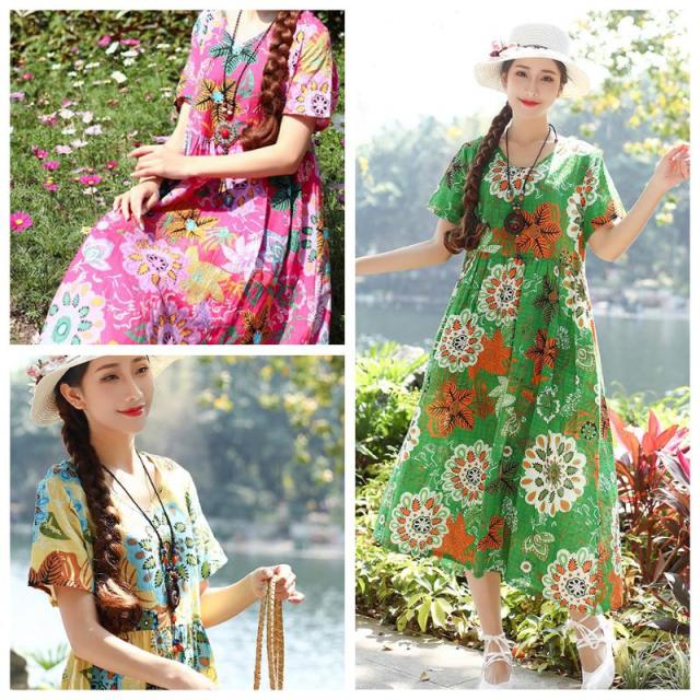 ワンピース レディース Aラインワンピース ロングワンピース 花柄 ゆったりウエスト 半袖 大柄 体型カバー Vネック 韓国服の通販はau Pay マーケット Happy Toon Wowma店
