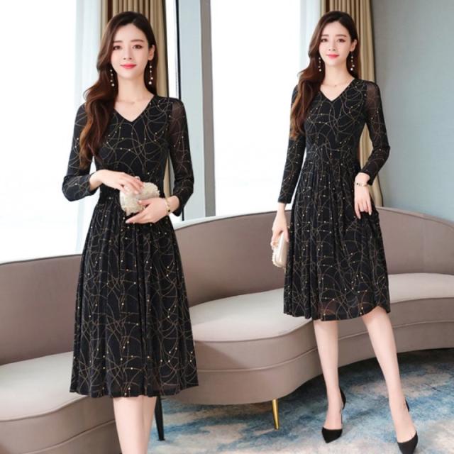 ワンピース レディース 星柄ワンピース 膝丈ワンピース 長袖 大きいサイズ Vネック ミドル丈スカート スリム ドット柄 韓国服の通販はau Pay マーケット Happy Toon Wowma店