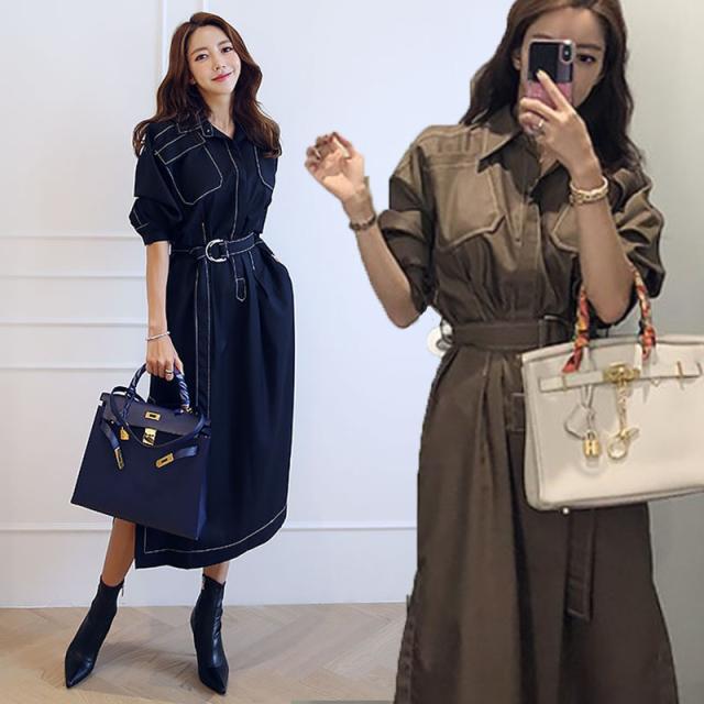 ワンピース レディース レトロワンピース ミモレ丈ワンピース 長袖 膝下 ハンサム マニッシュ スリット ベルト 無地 韓国服の通販はau Pay マーケット Happy Toon Wowma店
