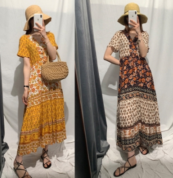 ワンピース レディース 半袖ワンピース ロング丈ワンピース ボヘミアン Vネック ハイウエスト プリーツスカートの通販はau Pay マーケット Happy Toon Wowma店