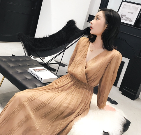 ワンピース レディース メッシュワンピース ロング丈ワンピース 長袖 Vネック プリーツスカート ハイウエスト シンプルの通販はau Pay マーケット Happy Toon Wowma店