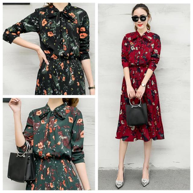 ワンピース レディース 花柄ワンピース シフォンワンピース 大きいサイズ 膝下 ミモレ丈 プリーツスカート リボンタイ 長袖の通販はau Pay マーケット Happy Toon Wowma店