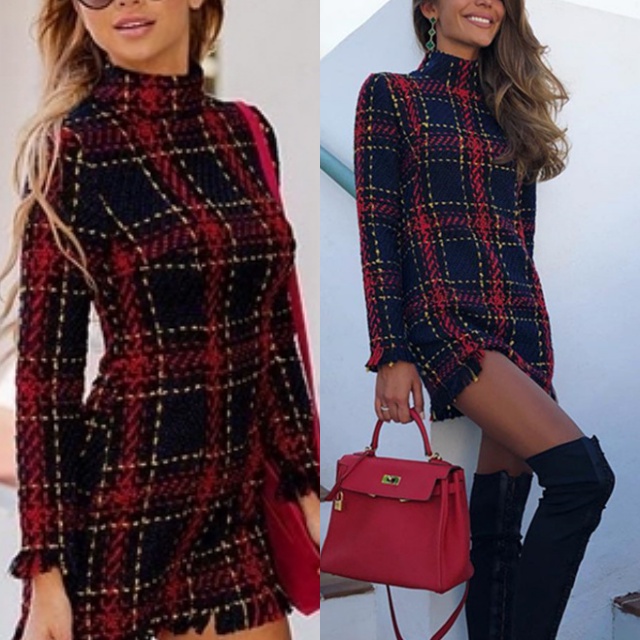 ワンピース レディース ニットワンピース タートルネック ハイネック チェック ショート丈 大人カジュアル フリンジの通販はau Pay マーケット Happy Toon Wowma店