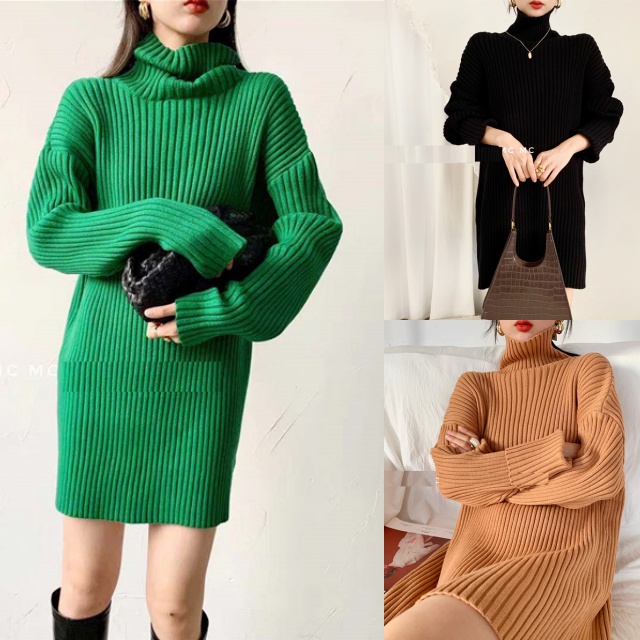 ワンピース レディース ニットワンピース タートルネック ショート丈 リブニット ドロップショルダー カジュアルの通販はau Pay マーケット Happy Toon Wowma店