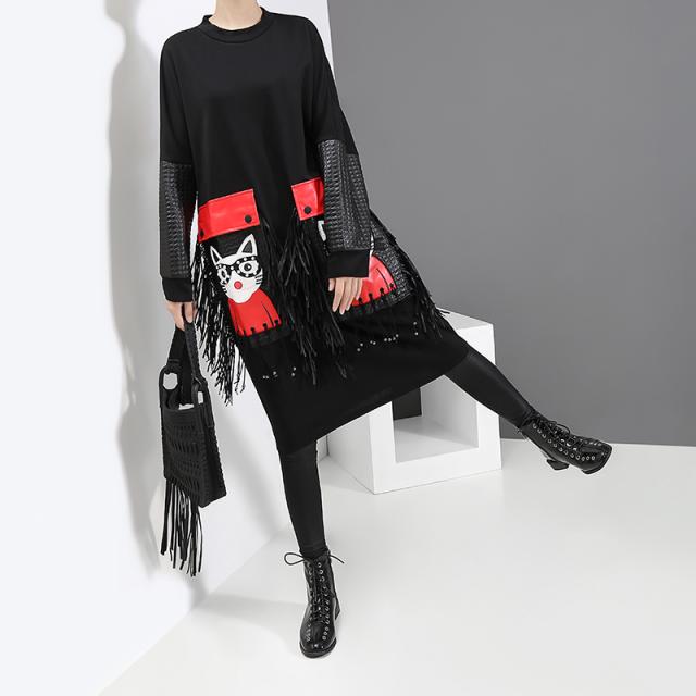 ワンピース レディース ゆったりワンピース 異素材ミックスワンピース フリンジ 膝下 ミモレ丈 猫 プルオーバー 黒 体型カバーの通販はau Pay マーケット Happy Toon Wowma店