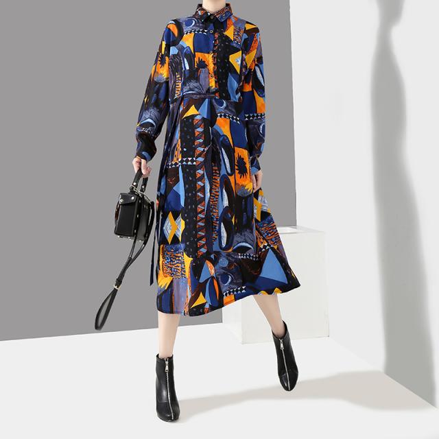 ワンピース レディース シャツワンピース 総柄ワンピース 膝下 ミモレ丈 コットン 長袖 ゆったり 楽ちん 体型カバー 個性的の通販はau Pay マーケット Happy Toon Wowma店