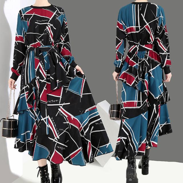 ワンピース レディース ロングワンピース イレヘムワンピース アシンメトリー レトロ ティアード ウエストゴム 幾何学模様 長袖の通販はau Pay マーケット Happy Toon Wowma店
