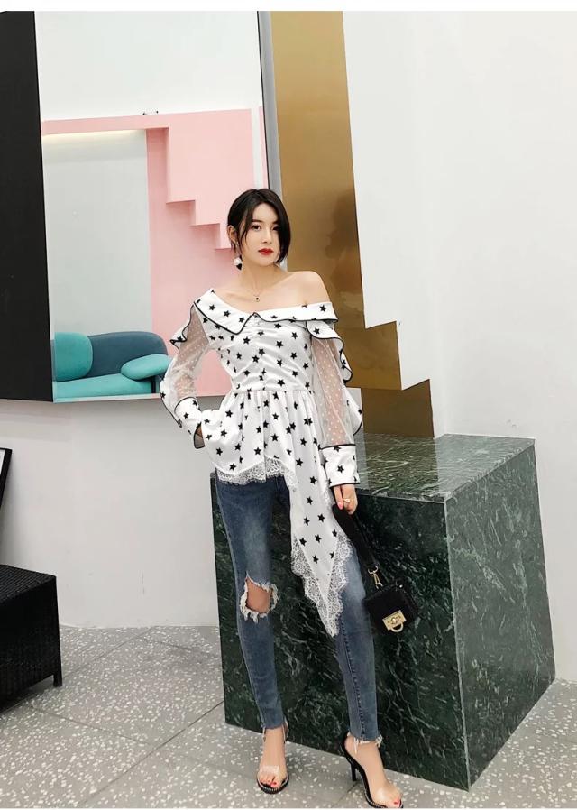 シャツ レディース 長袖 夏 お洒落 オフショル クール セクシー フリル 個性的 星 スター お洒落 ホワイト シンプル カジュアルの通販はau Pay マーケット Happy Toon Wowma店