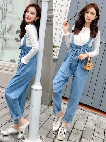 セットアップ レディース オールインワン ロングパンツ リボン サロペット デニム カジュアル 無地 シンプル の通販はau Pay マーケット Happy Toon Wowma店