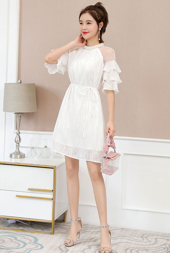 結婚式 レースドレス シースルー肩フリル袖aラインワンピースの通販はau Pay マーケット Generalstore