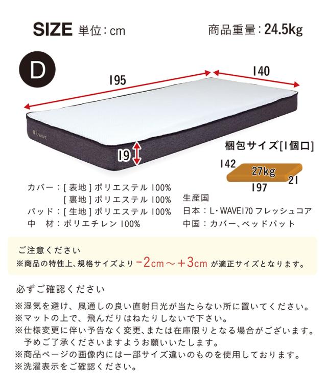 マットレス ダブルサイズ L・WAVE(エル・ウェーブ) 140x195cm 厚さ19cm ダブルベッド ベッドマット シルキーファイバー 敷き布団 快眠 寝具 体圧分散 抗菌 防臭 防ダニ 水洗い可 3年保証 低ホルムアルデヒド おしゃれ_1