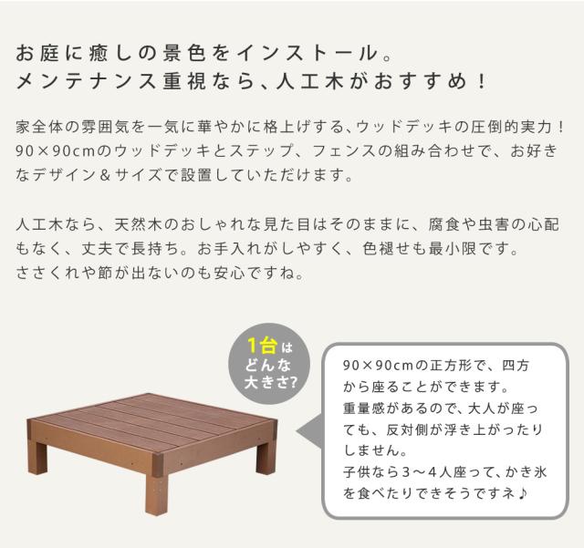 ウッドデッキ デッキ縁台 ステップ セット ベンチ 人工木 木製 置くだけ おしゃれ シンプル 庭 屋外 テラス エクステリア ガーデニング アウトドア ホームパーティ 読書 ecofeel(エコフィール) 2台 90x90cm 2色対応_4