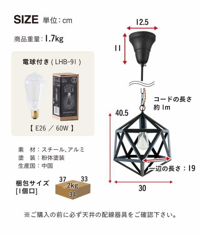 エジソン球付き/工事不要/LED電球対応】ペンダントライト 2点セット