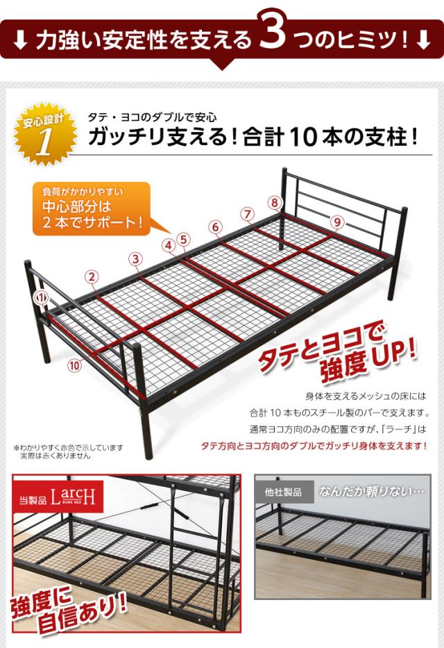 パイプ二段ベッド パイプベッド Larch ラーチ 2段ベッド シングル ベッド シンプル 分割可能 耐震性 頑丈 ハイタイプ メッシュ床 通気性 快適 ハシゴ付き_6