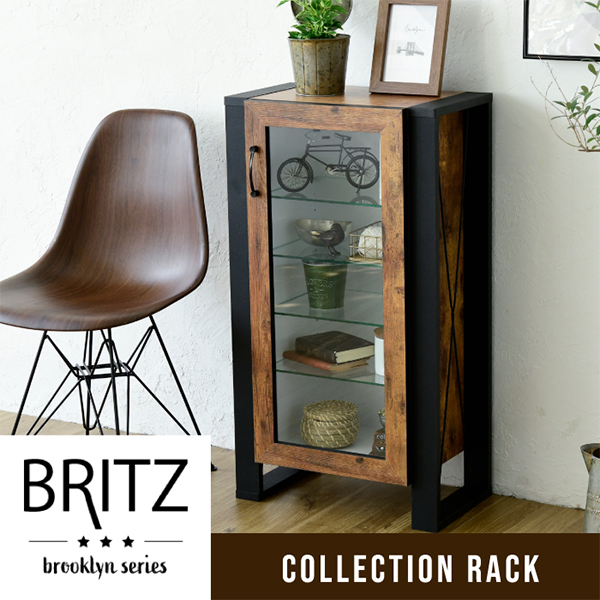収納棚 BRITZ ヴィンテージ風コレクションラック FBR-0004 おしゃれ 木目調 ガラス扉 可動棚 ブルックリンスタイル リビング カフェ風 インテリア 5段 木製