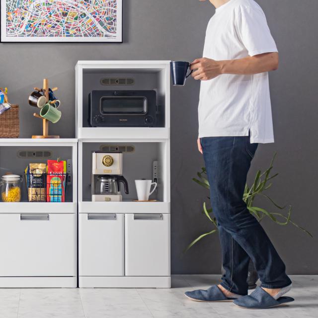 完成品/コンセント付き】鏡面ホワイト レンジ台 幅49cm Nアクア A