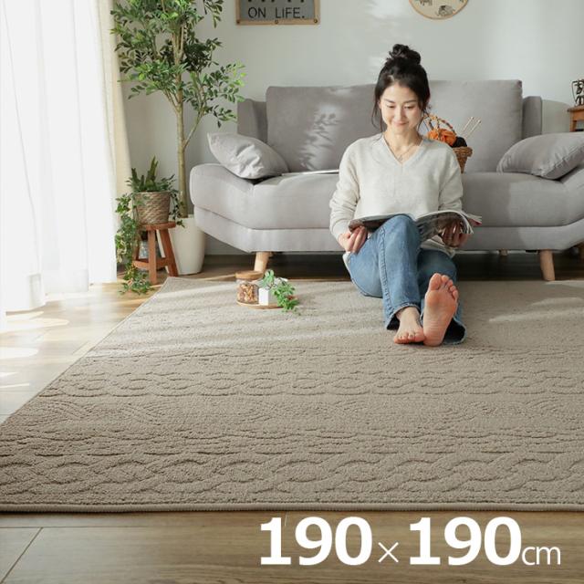 国産 ラグ カーペット 190x190cm ラグマット ラグカーペット 正方形 敷き物 絨毯 洗濯機可 抗菌 防臭効果 防ダニ 床暖房対応 ホットカーペット対応 軽量 編み地模様 おしゃれ レオル 2色対応