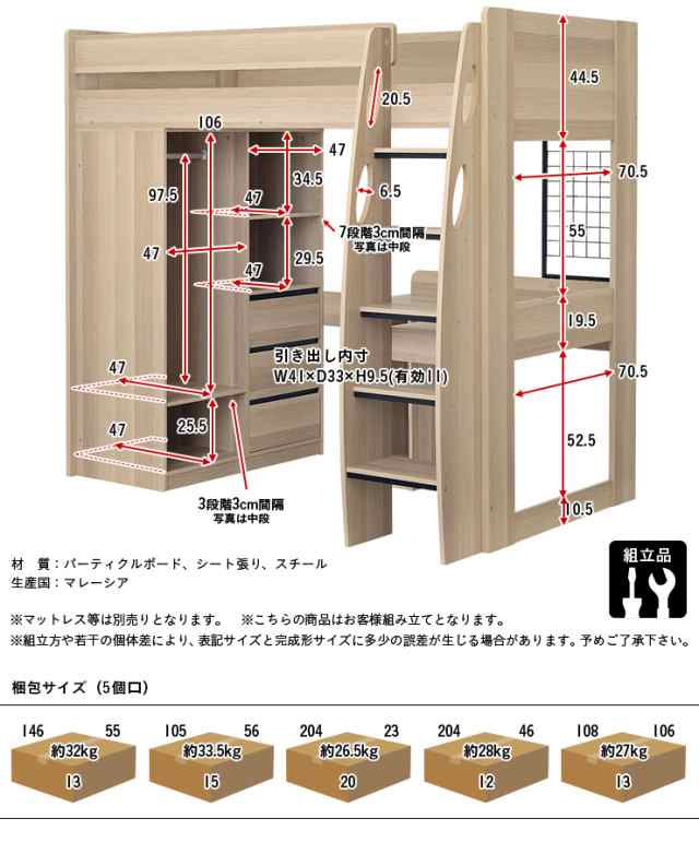 収納たっぷり/ハンガーラック付き] ロフトタイプ システムベッド Mikey