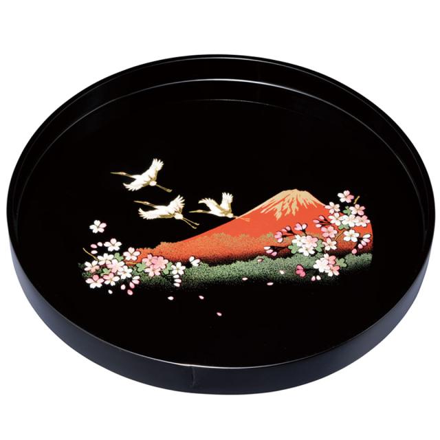 古風和風！高級！お盆！ 紀州塗 お盆 トレー 10寸 丸盆 黒 一富士二鶴三桜 和風 和室 おしゃれ