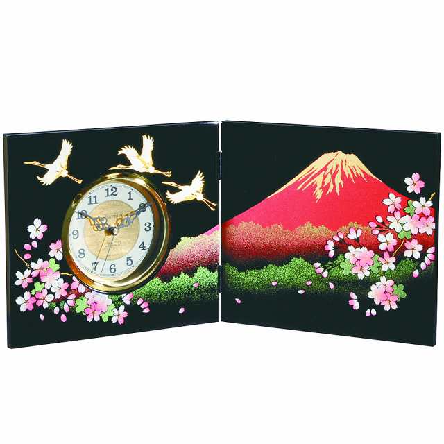 紀州塗り 屏風時計 一富士二鶴三桜 和風 和室 おしゃれ 木目 