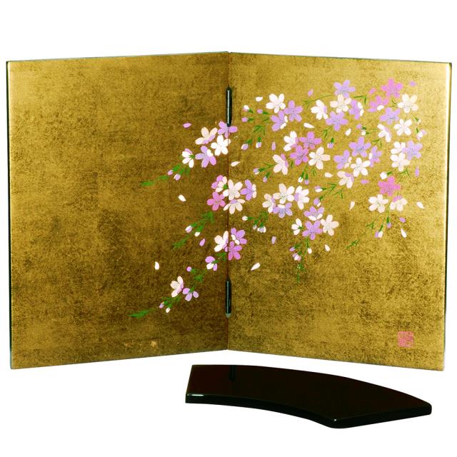 紀州塗り 屏風貼 金箔貼姫屏風 しだれ桜 花台付 和室 おしゃれ 木目 インテリア 日本製 和柄 和デザイン ギフト お土産 記念品 ディスプレイ 贈答品 和雑貨 和室 寝室 リビング k_name