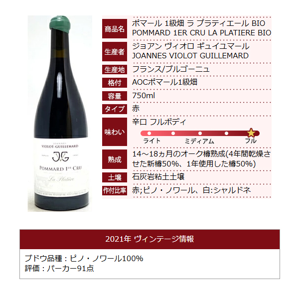 2021 ポマール プルミエ クリュ ラ プラティエール BIO 750ml ジョアン ヴィオロ ギュイユマール フランス 赤 コク辛口 ^B0ILPL21^