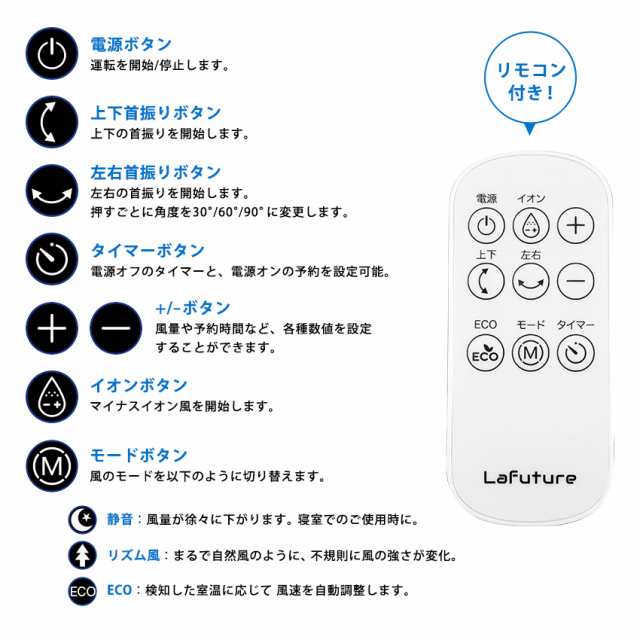 扇風機 Lafuture リビング Dcモーター リモコン 静音 360 首振り 卓上 2way 7枚羽根 マイナスイオン リビング扇風機 空気清浄 タイマー の通販はau Pay マーケット Lff Premium Shop