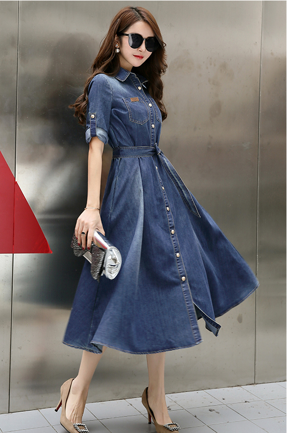 デニムワンピース ミモレ丈 デニム フレア ワンピース レディス ウエストリボン 大きいサイズ 0122 の通販はau Pay マーケット Sayurio