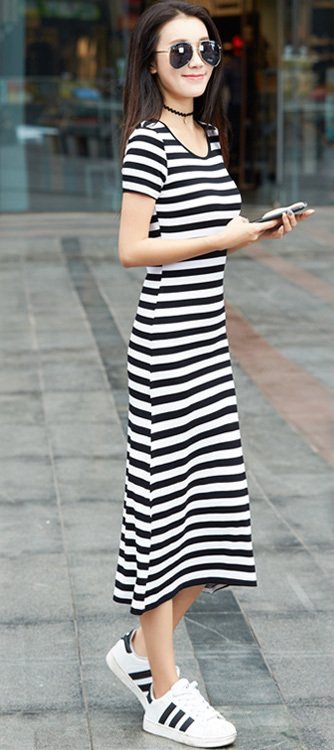 旅行 リゾート デート 楽チンコーデ ミモレ丈 ボーダー ワンピース レディース ノースリーブ 0178 の通販はau Pay マーケット Sayurio