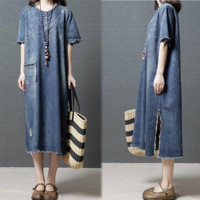 半袖 デニム ワンピース ダメージ 裾フリンジ ロングワンピース レディース ミディ丈 サイドスリット ウォッシュ加工 ラウンドネックの通販はau Pay マーケット Sayurio