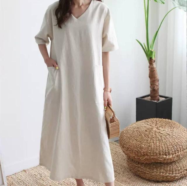 リネンワンピース リネンvネックワンピース 綿麻 リネンワンピース Vネック 体型カバー リネンワンピ 半袖 ゆったり セミロング 大人シンの通販はau Pay マーケット Sayurio