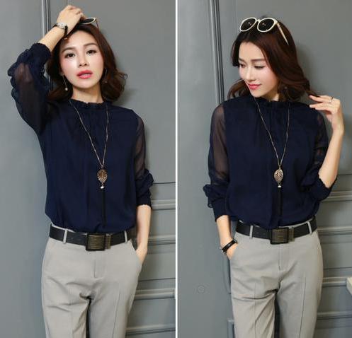 送料無料 M ネイビー レディース ブラウス シフォン 長袖 シースルー フォーマル シャツ ハイネック フリル 透け感 の通販はau Pay マーケット Store A R I