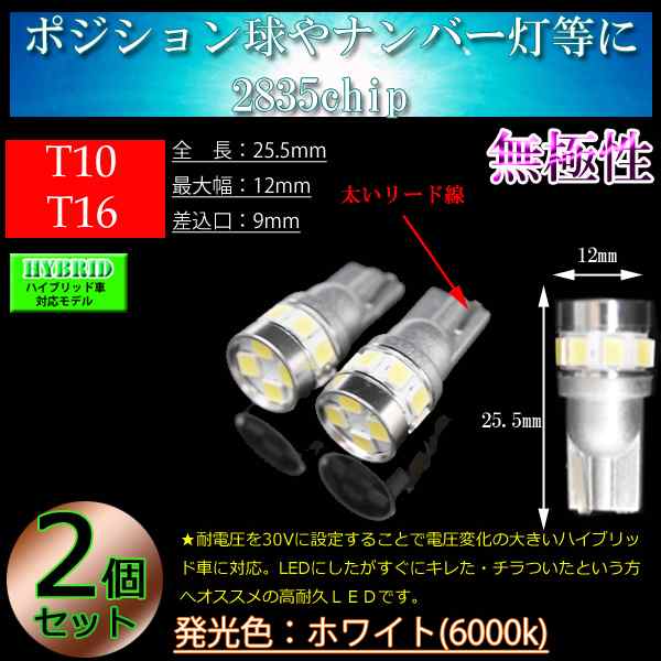 【ハイブリッド車対応】T10 LED T16　2835SMD 12連 6w　ポジション球 ナンバー灯 ライセンスランプ ホワイト【無極性】｜au  PAY マーケット