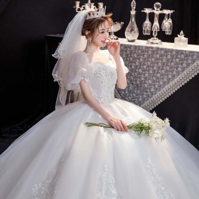 ウエディングドレス ロングドレス 白 Aライン イブニングドレス 半袖 