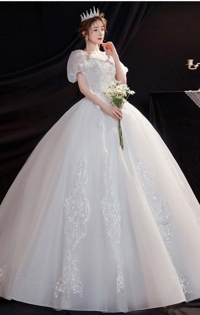 YNS WEDDING Aライン ウェディングドレス未使用 半編み上げ パニエ付 ウエディングドレス ロングドレス 白 Aライン イブニングドレス 半袖