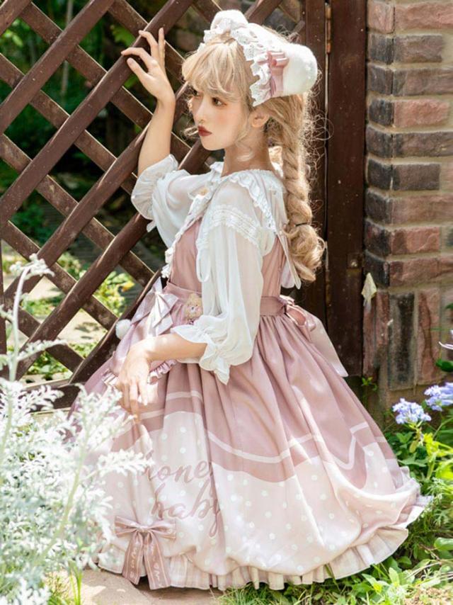 ロリータ 上下セット ワンピース 可愛い お姫様 Lolita ロリータ服 和風 ケーキ柄 JSKロリータ リボン可愛い アイドル衣装 コスチューム コスプレ衣装 プリンセスドレス 文化祭 学園祭 かわいい 萌え イベント ロリータファション_9
