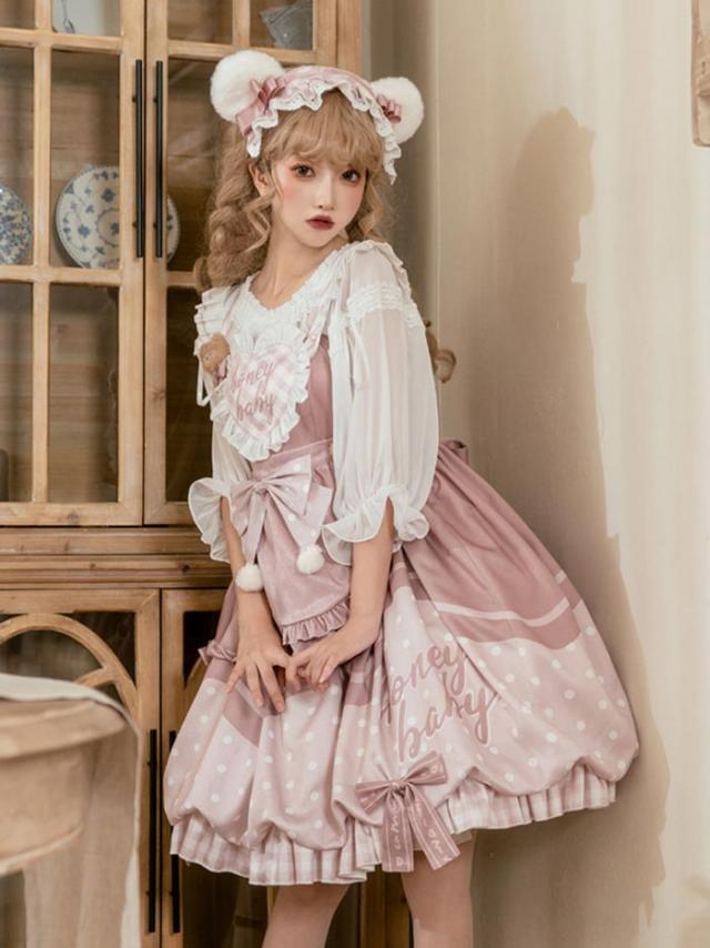 ロリータ 上下セット ワンピース 可愛い お姫様 Lolita ロリータ服 和風 ケーキ柄 JSKロリータ リボン可愛い アイドル衣装 コスチューム コスプレ衣装 プリンセスドレス 文化祭 学園祭 かわいい 萌え イベント ロリータファション_1