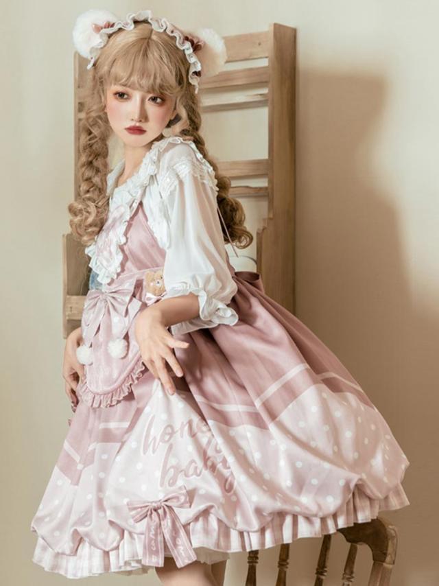 ロリータ 上下セット ワンピース 可愛い お姫様 Lolita ロリータ服 和風 ケーキ柄 JSKロリータ リボン可愛い アイドル衣装 コスチューム コスプレ衣装 プリンセスドレス 文化祭 学園祭 かわいい 萌え イベント ロリータファション_3