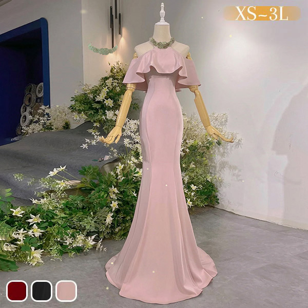 【送料無料】ドレス 大人 ピアノ 発表会 ロングドレス マーメイドライン 演奏会 結婚式 母親 ピアノ発表会 黒 袖付き ワンピース 半袖 演奏会ドレス