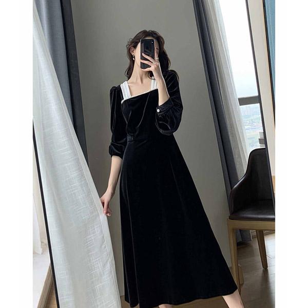 送料無料】ドレス 大人 ピアノ 発表会 スクエアネック 長袖 ベルベット
