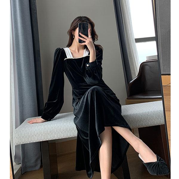 送料無料】ドレス 大人 ピアノ 発表会 スクエアネック 長袖 ベルベット