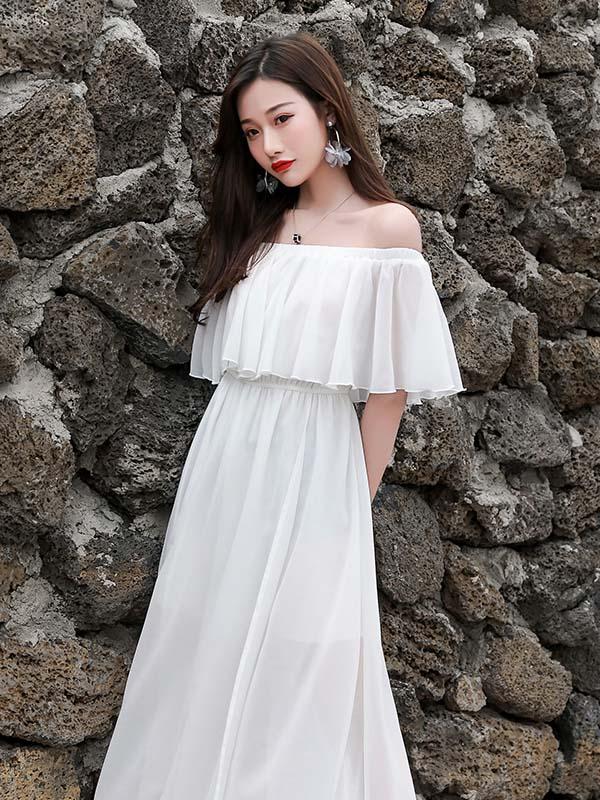夏デートにぴったり❤️オフショルロングハイウエストワンピース リゾートワンピース オフショルダー ベアトップ ロング