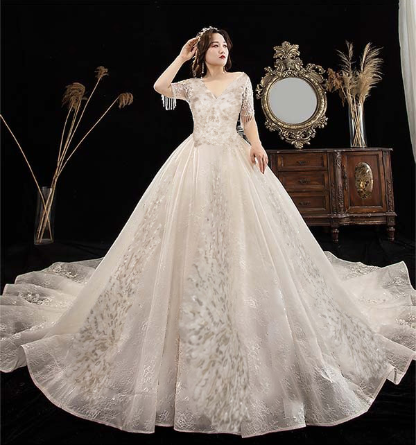 【送料無料】ウェディングドレス 花嫁 大きいサイズ 袖あり Vネック レース 着痩せ ぽっちゃり 花嫁 結婚式 二次会 白ドレス ホワイト 編み上げタイプ ロングドレス トレーンドレス 花 送料無料】ウェディングドレス 花嫁 大きいサイズ 袖あり Vネック