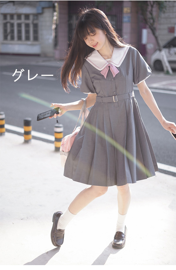 jk ワンピース グレー 夏 セーラー服 灰 半袖 膝丈 中学生 高校生 制服