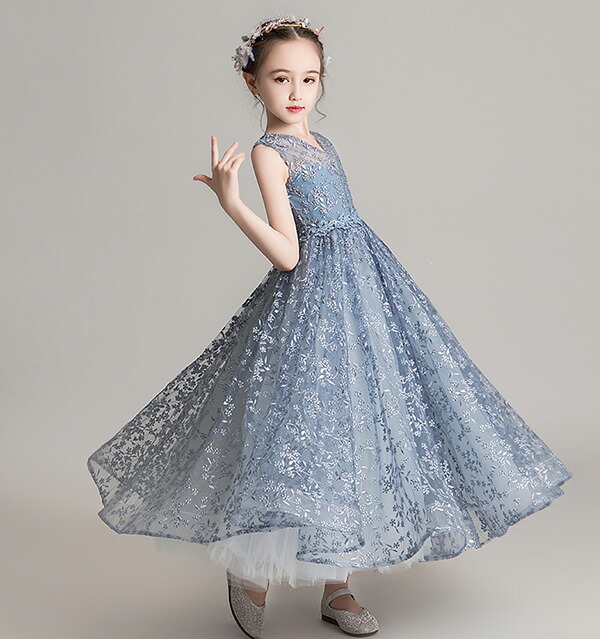 ピアノ発表会 ドレス 中学生 ワンピース ジュニアドレス 七五三 子供ドレス ブルー パーティー ショート丈 お姫様 ノースリーブ ロング丈 キッズ ドレス フィッシュテール Vネック バイオリン コンクール 披露宴 エレガント 撮影 女の子 フォーマル