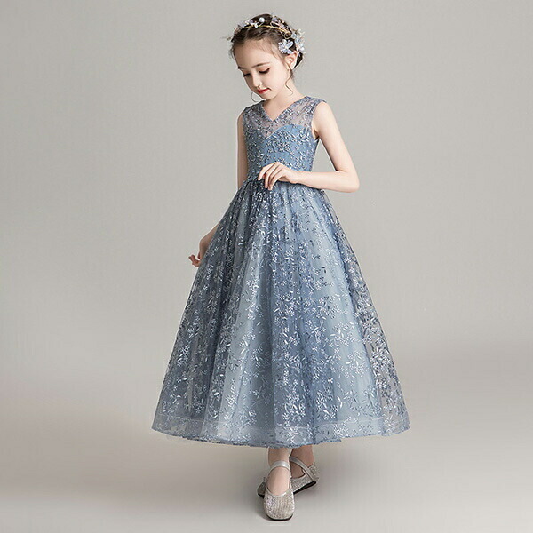 ピアノ発表会 ドレス 中学生 ワンピース ジュニアドレス 七五三 子供ドレス ブルー パーティー ショート丈 お姫様 ノースリーブ ロング丈 キッズ ドレス フィッシュテール Vネック バイオリン コンクール 披露宴 エレガント 撮影 女の子 フォーマル