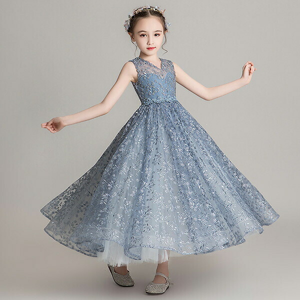 ピアノ発表会 ドレス 中学生 ワンピース ジュニアドレス 七五三 子供ドレス ブルー パーティー ショート丈 お姫様 ノースリーブ ロング丈 キッズ ドレス フィッシュテール Vネック バイオリン コンクール 披露宴 エレガント 撮影 女の子 フォーマル